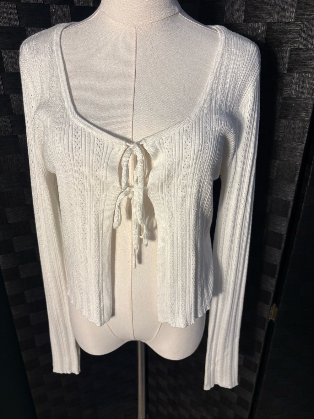 Ultra Flirt White Tie Front Cropped Pointelle Knit Cardigan Sweater Balletcore